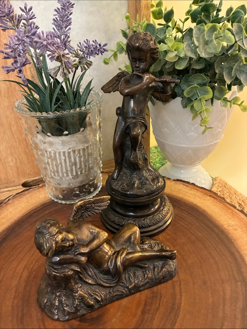 Brass Bronze-Tone Reclining Cherub Sculptures, Elegant Table Accent. 2 Piece set